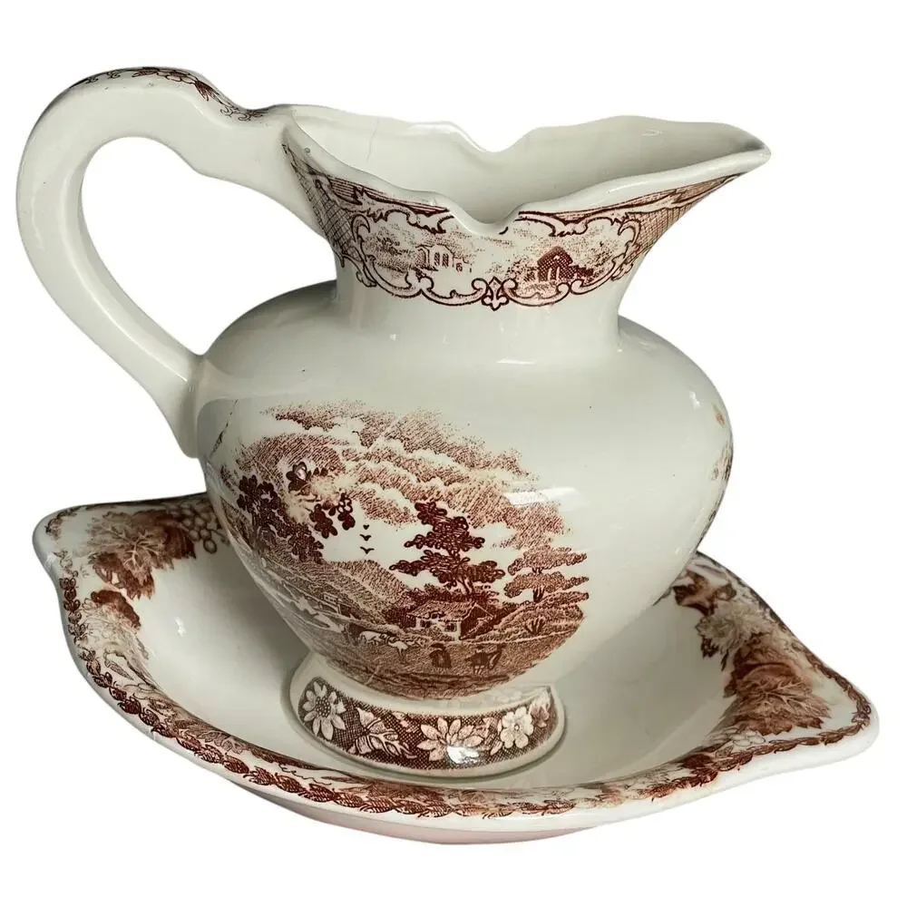 Brown Transferware Ironstone Pitcher & Plate Pastoral Vintage Small FLAWED